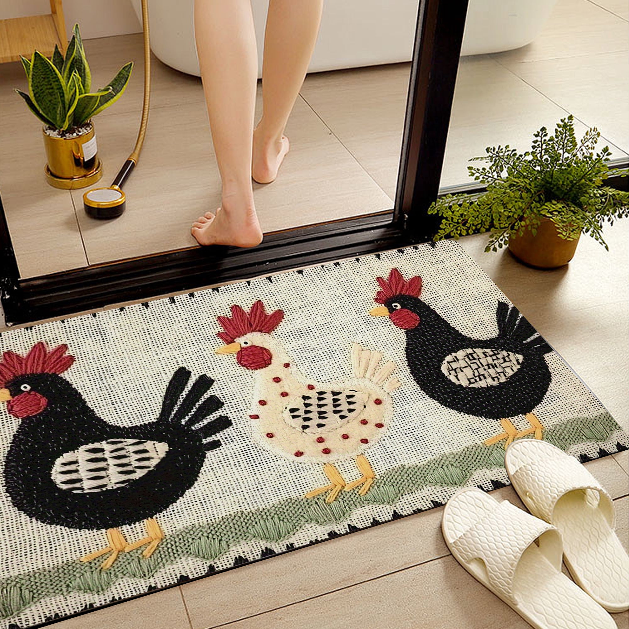 JML Non-Slip MicrofiberFabric & Rubber Doormat - Soft Entryway Rug for Home/Office (24"x36") - Easy Clean Door Mat for Indoor/Outdoor Use, Three Chickens