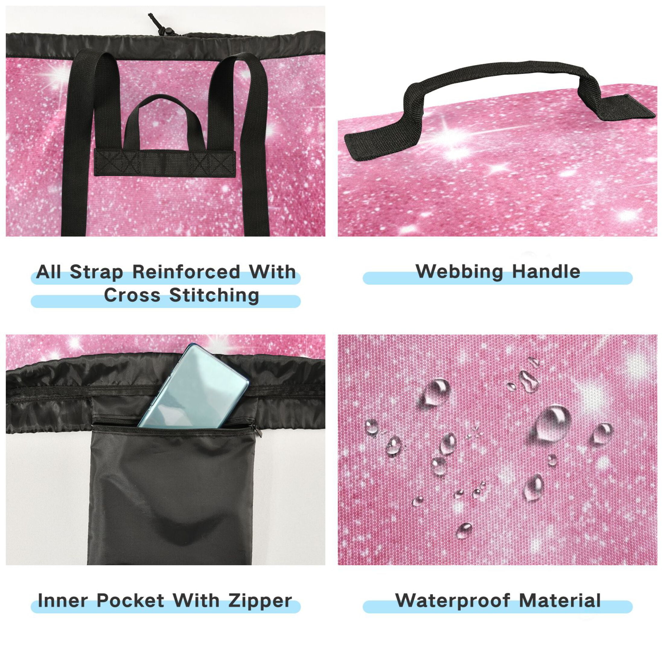 14.5x29.3in Laundry Backpack Bag with Drawstring & Adjustable Straps Heavy-Duty Wash Bag for Travel Storage Camping Pink Glitter Background
