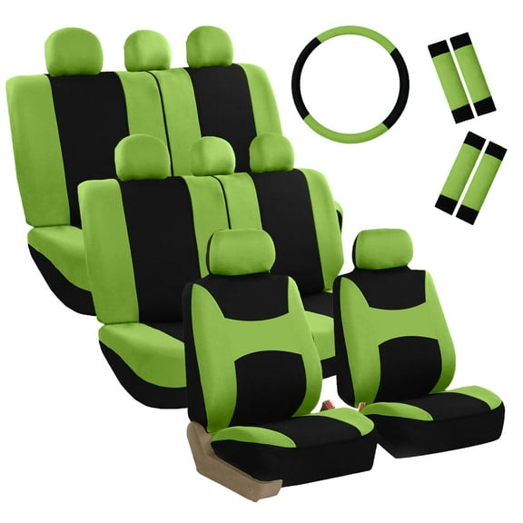 FH Group Light & Breezy Seat Covers for Auto, 3 Row 8 Seater Full Covers with Steering/Belt Pad Cover, Green and Black