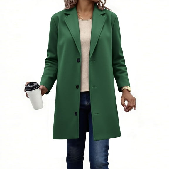 Women's Casual Jacket Long Coat for Women Warm Peacoat Fall Winter Notched Lapel Button Mid Length Dressy Trench Coats Outerwear Green 3XL