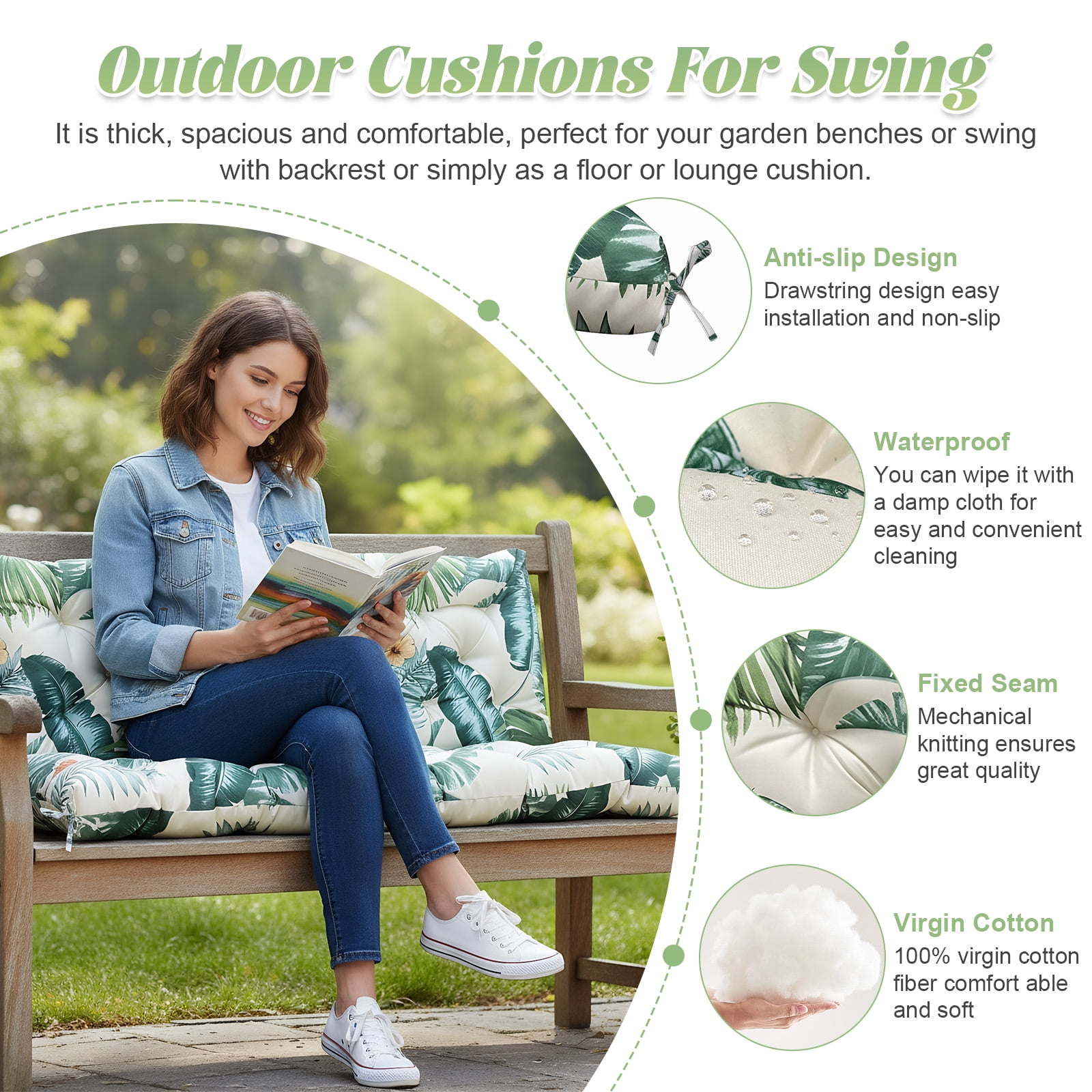 Eurhowing Outdoor Bench Cushion Waterproof, 48"x40"x4" Thick Patio Swing Chair Cushions with Ties, All-Weather High Density Foam Seat Pad for Porch Garden Furniture, Hawaiian
