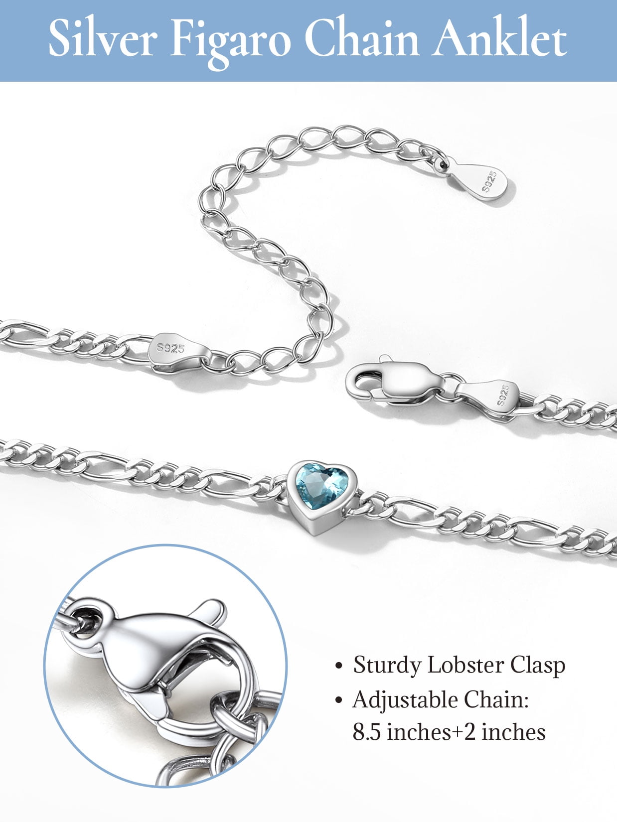 U7 Heart Anklet Bracelet for Women March Blue Aquamarine Sterling Silver Figaro Anklet Charming Summer Jewelry Gift Beach Foot Chain for Daughter