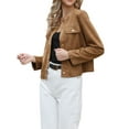 thumbnail image 4 of INSPIRE CHIC Cropped Jacket for Women's Collarless Long Sleeve Button Down Vintage Casual Coat Jackets Brown L, 4 of 6