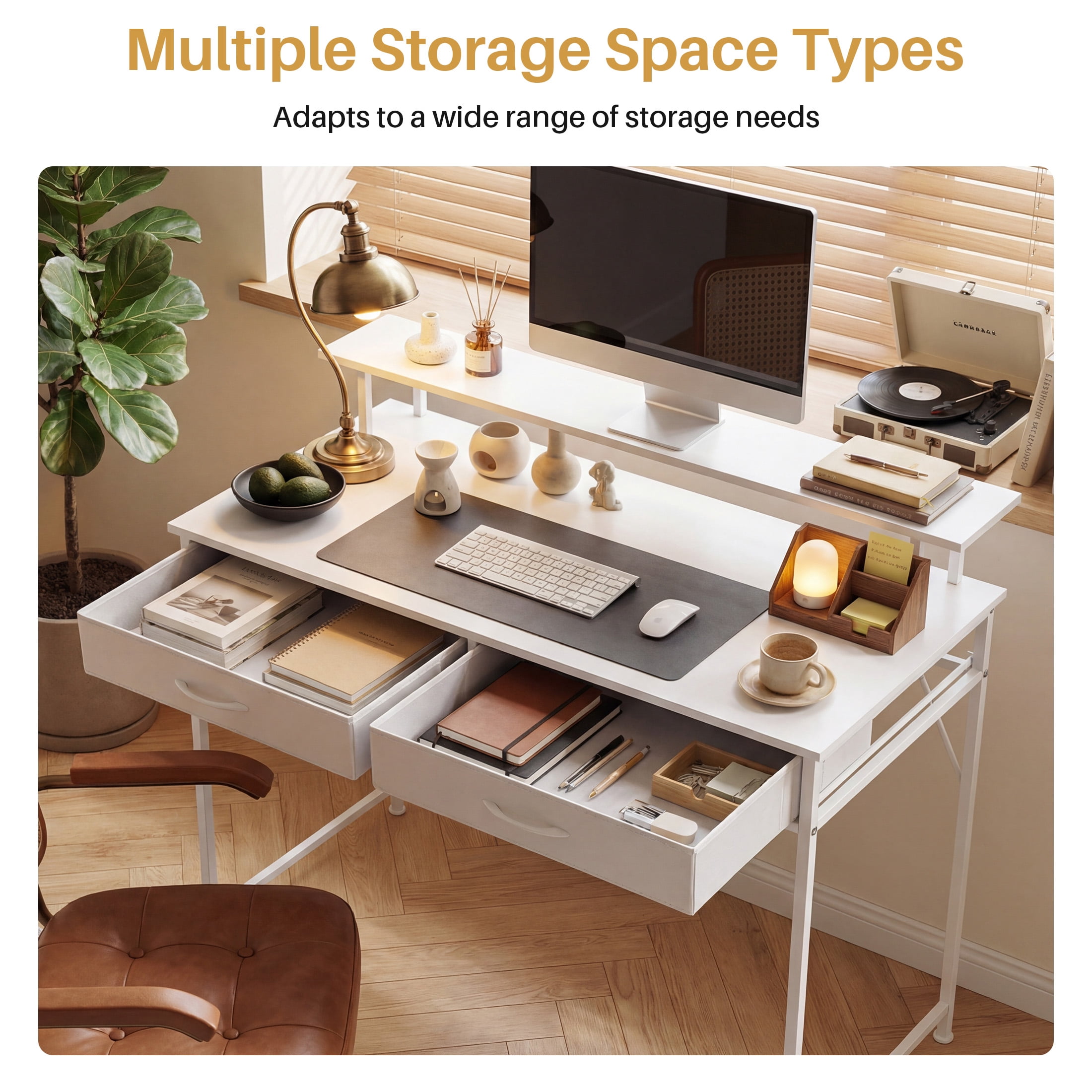 edx 40" Computer Desk with 2 Drawers & Hooks, Compact Home Office Working Table for Small Spaces, White
