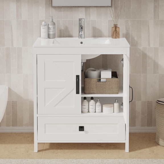 KIGOTY 30" Modern Bathroom Vanity with Ceramic Basin, Free Standing Bathroom Storage Cabinet with with 2 Soft-Closing Doors and 1 Drawer, White