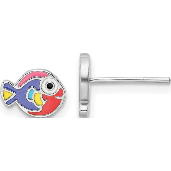 Sterling Silver Rhodium-Plated Enameled Fish Post Earrings (6.4 X 8.54) Made In Thailand qe16630