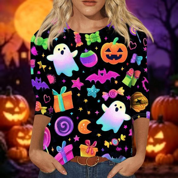 Halloween 3/4 Sleeve Shirts Ladies' Halloween Top Halloween Shirts for Women Halloween Clothing Cute Halloween Ghost Shirt Halloween Tee Fall Shirts Plus Size Tops Crew Neck T Shirts