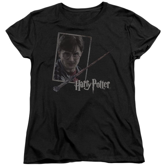 Trevco HP8048-WT-4 Harry Potter & Harrys Wand Portrait-Short Sleeve Womens T-Shirt, Black - Extra Large