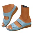 thumbnail image 3 of BRICH Women's Dual Strap Wedge Slide Sandals 2026 Slip on Flats Open Toe Adjustable Hollow out Leather Low Wedge Heel Non Slip Walking Shoes Blue 7.5, 3 of 7
