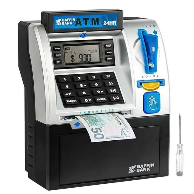 HLONK ATM Piggy Bank for Real Money Digital Electronic Saving Safe Machine Box with Debit Card Bill Feeder Coin Recognition Balance Calculator Password Lock Case Gift for Kids Boys