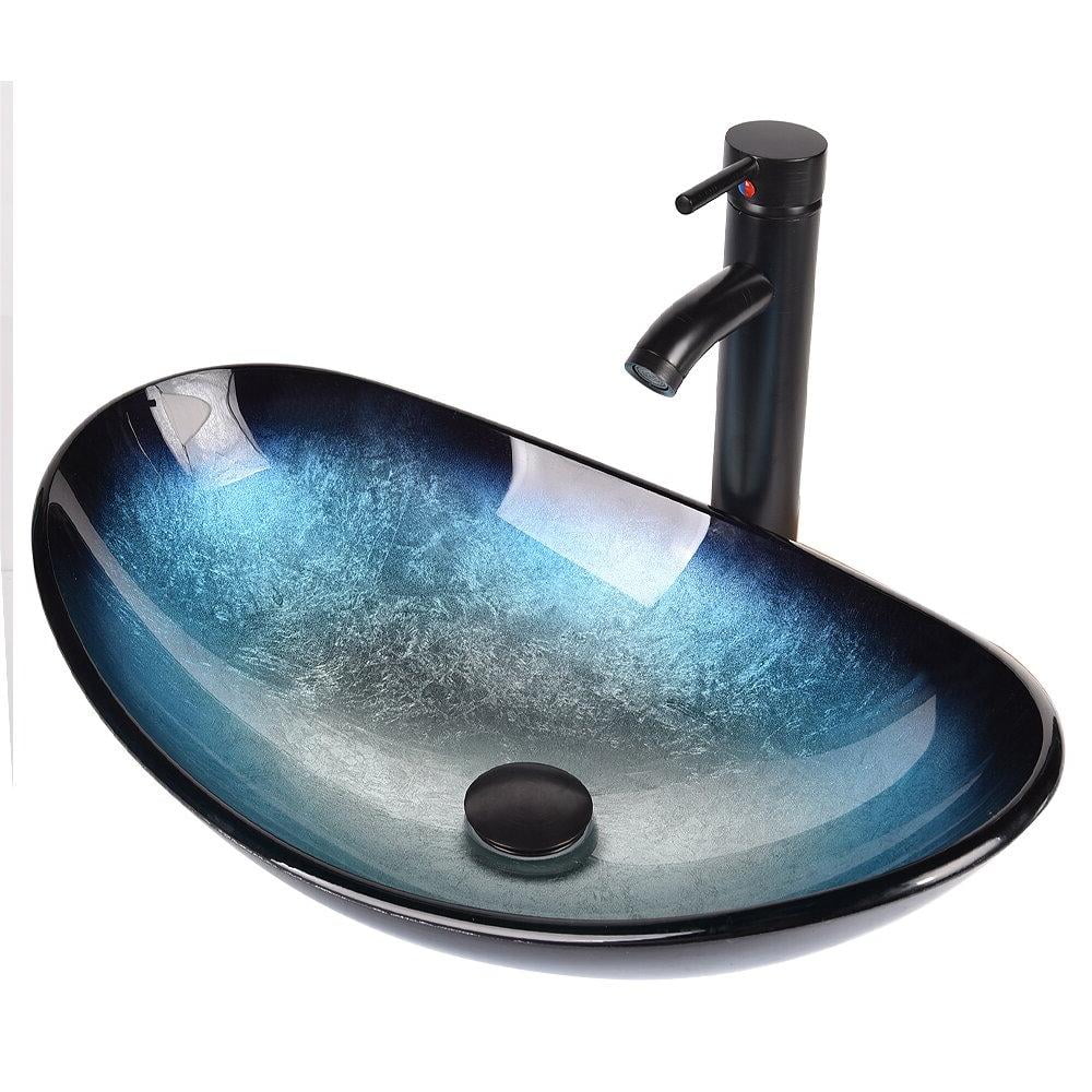 ELECWISH 24-Inch Bathroom Vanity in Gray with Mirror and Vessel Sink Set, Modern Stand Pedestal Cabinet with Blue Glass Sink Set