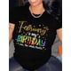 thumbnail image 1 of Black 100% Cotton Knit Fabric Women's Casual Crew Neck Short Sleeve T-Shirt - Glittering Golden Alphabet Print - All-Season Fashion Top, 220gsm, February Birthday Tee, 1 of 6