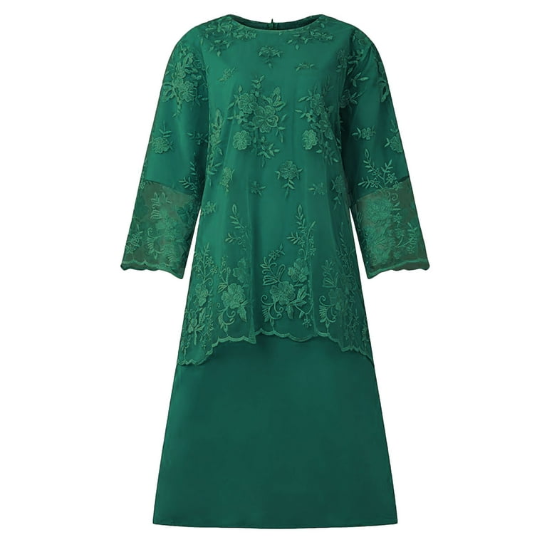 chinese dress ladies Berylove Women Maxi Mother Dress Plus Size Dark Green A Line V Neck Wedding Party Guest Dress with Half Sleeves, Dark Green / 3XL main image 1