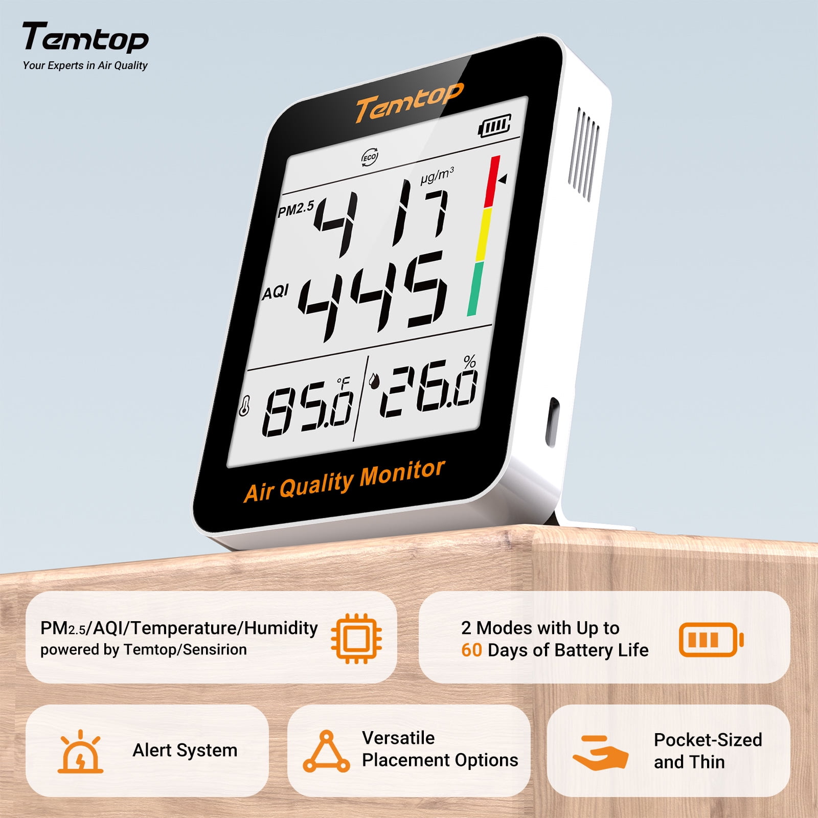 Temtop S1-UP Air Quality Monitor Indoor Thermo-Hygrometer - PM2.5, AQI, Temperature, and Humidity Meter for Home, Office, or School, Air Quality Measurement, 60-Day Battery Life