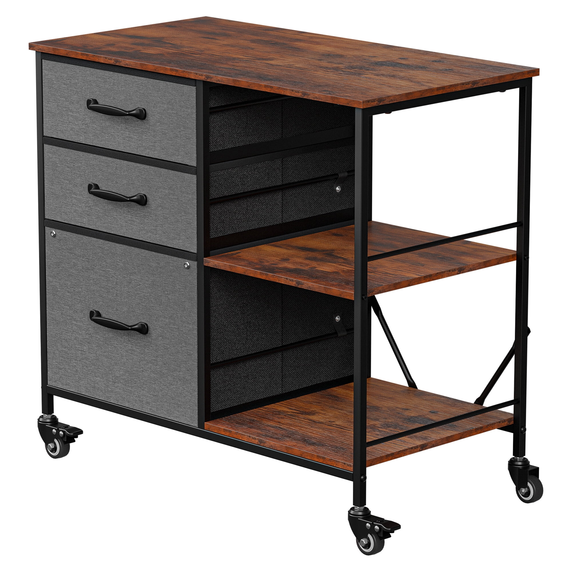 HomGarden Mobile File Cabinet, 3 Drawer Fabric Lateral Filing Cabinet fits A4, Letter Size, Printer W/Open Shelf & Lockable Wheels for Home Office, Rustic Brown