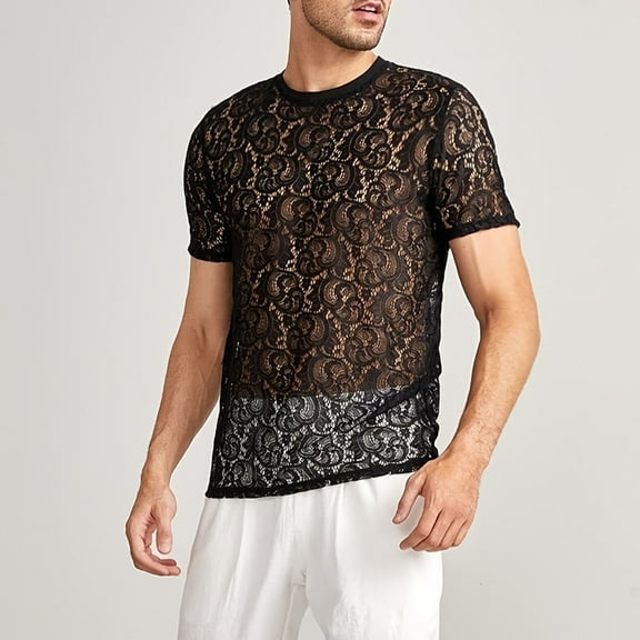 Zylanna Men's Casual T-Shirts Tee, Lace Crew Neck Solid Color Short Sleeve Loose Tops Trouses for Men Black Size 2XL