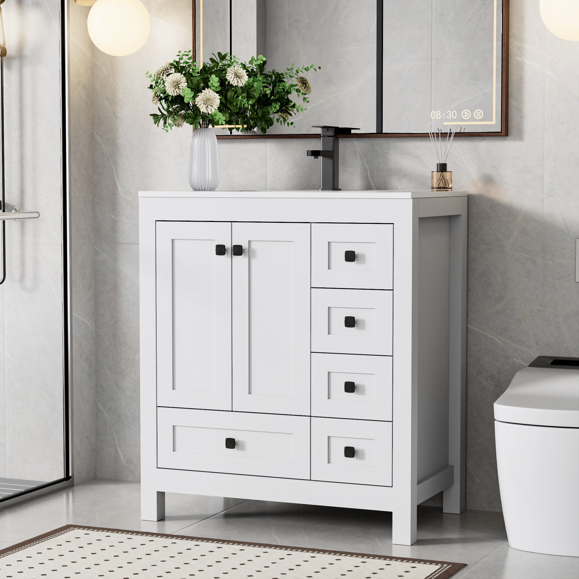 eclife 30" White Bathroom Vanity Set with Integrated Sink Top and Water-Saving Faucet