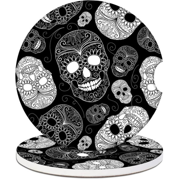 shiyou-Car Cup Holder Coasters - Black White Sugar Skull Absorbent Ceramic Coaster 2 Pack, Car Coasters for Cup Holders, Fashion Car Interior Accessories Drink Coaster for Women & Men
