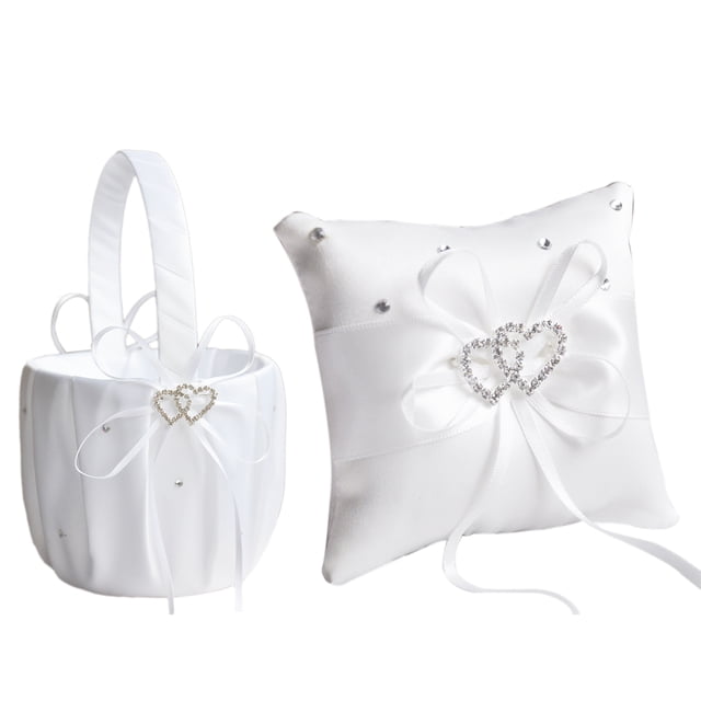 Cesta de Niña de las Flores y Almohada de Anillo Decoración de Boda Satén Blanco y Decoración de Diamantes de Imitación de Corazones Dobles ANGGREK Otros