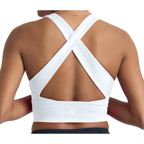 POPSUGAR Long Line Sports Bra Women, Workout Crop Tops for Women Longline Criss Cross Gym Yoga Tops with Built in Bra for Running Pilates White Light, XSmall