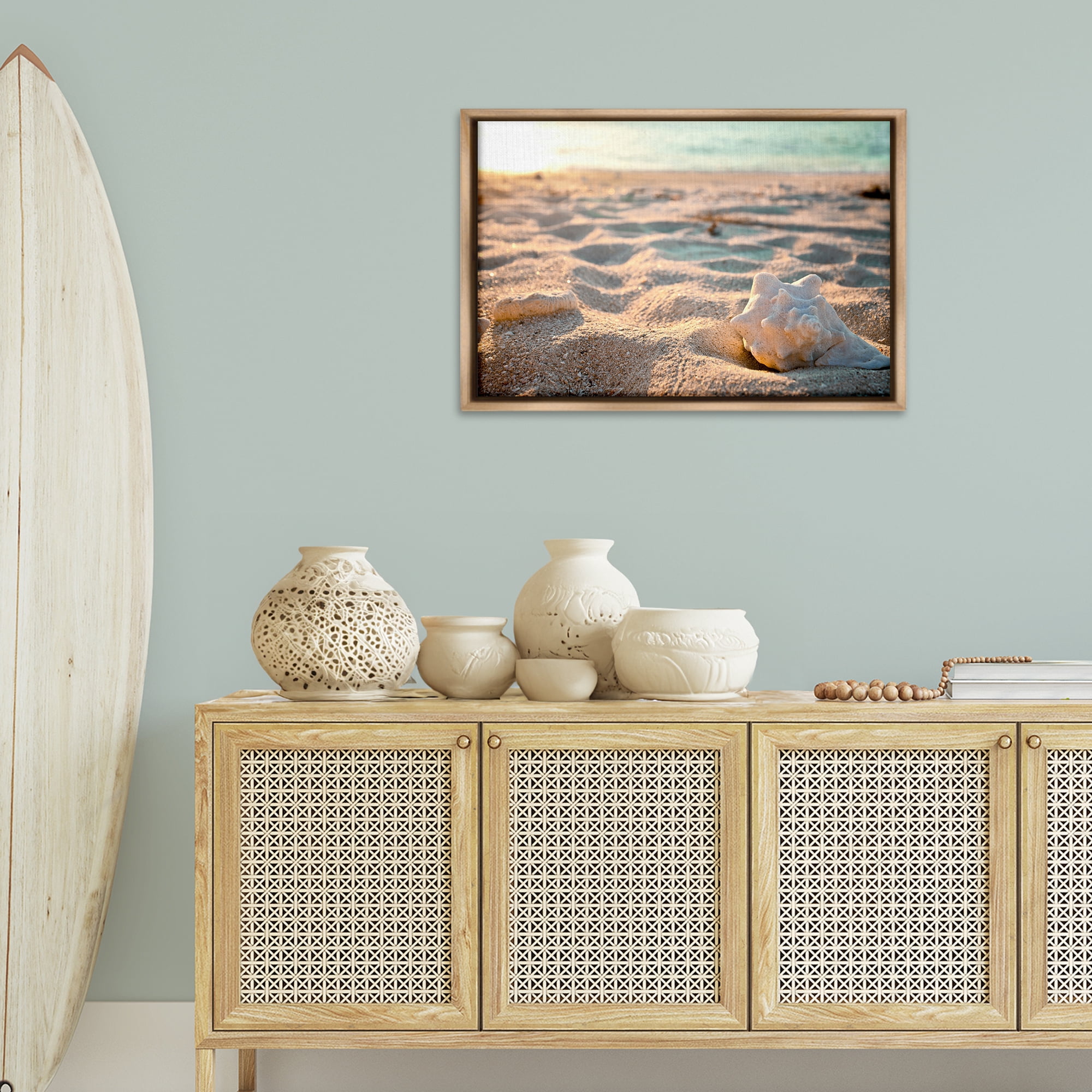 Stupell Industries Conch Shell in Sand Coastal Photography Brown Floater Framed Canvas Art Print Wall Art, 31 x 21