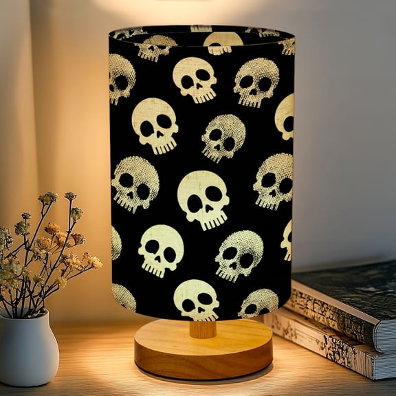 16-Color Dimmable Table Lamp for Bedroom, skull design Nightstand Lamp with Wood Base Fabric Shade, Gifts for Nursery Living Room Reading Room