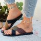 thumbnail image 5 of Mujeres Zapatos Negros Estilo Hoja Patchwork Sandalias, Zapatos Negros Planos Más Tamaño Bloque de Color Peep Toe Playa Verano, 5 of 9