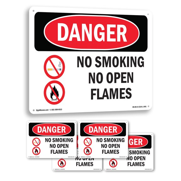 No Smoking No Open Flames OSHA Danger Rigid Plastic Sign 10 Inch x 7 Inch - 5 Pack