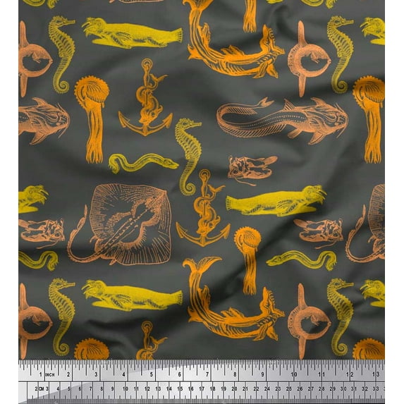 Soimoi Satin Silk Fabric Walrus,Anchor Hook & Ray Fish Ocean Print Fabric by The Yard 42 Inch Wide