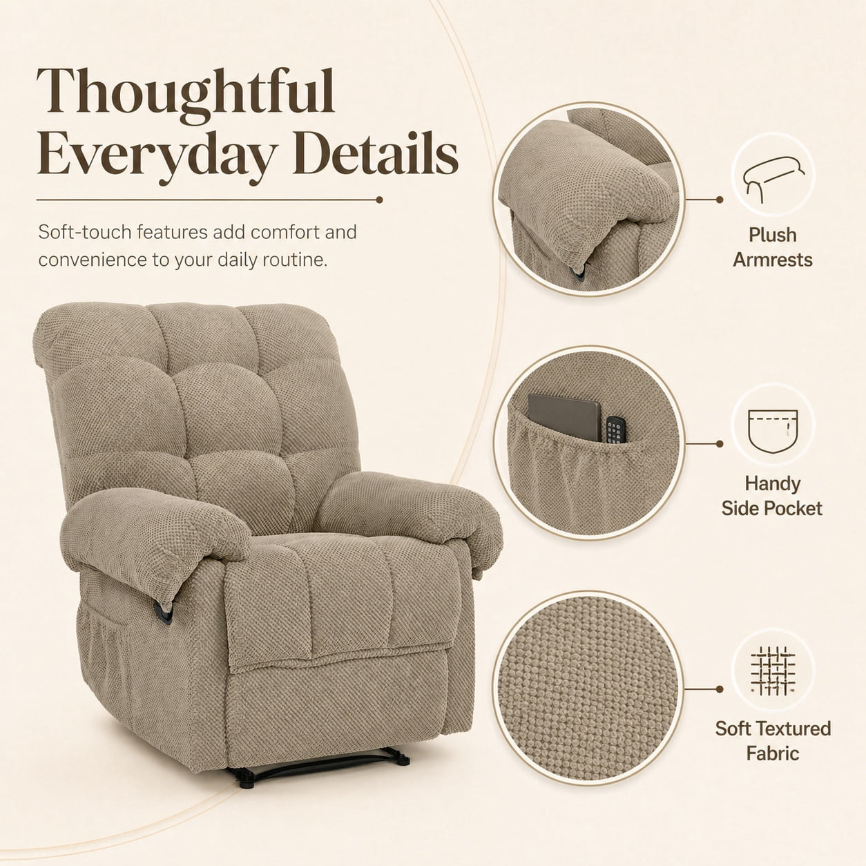 Miniyam Overstuffed Recliner Chair with Plush Armrests, Adjustable Ergonomic Recliner, 105° to 165° Reclining, Camel