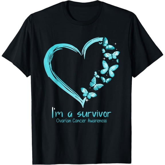 t-shirt Teal Butterfly Heart I'm A Survivor Ovarian Cancer Awareness T-Shirt mens,black,women,funny,journey,Crew Neck, Short Sleeve,printing