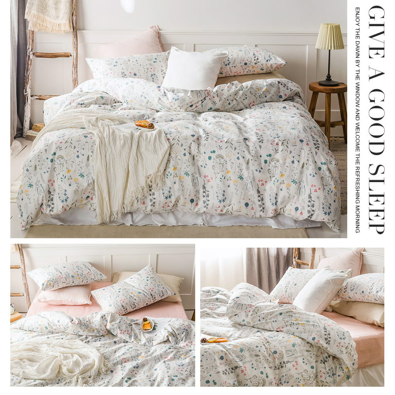 Boho Floral Duvet Cover Set Queen Size Cotton Aesthetic Bedding Set 1 Queen  Comforter Cover + 2 Pillowcases + 1 Fitted Sheet,Lightweight Soft Duvet  Cover Set