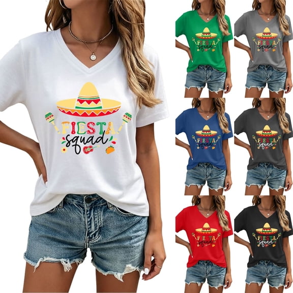 CAIXIA Cinco De Mayo Shirts for Women Fiesta Squad T-Shirt Funny Mexico Mexican Sombrero Tee Tops