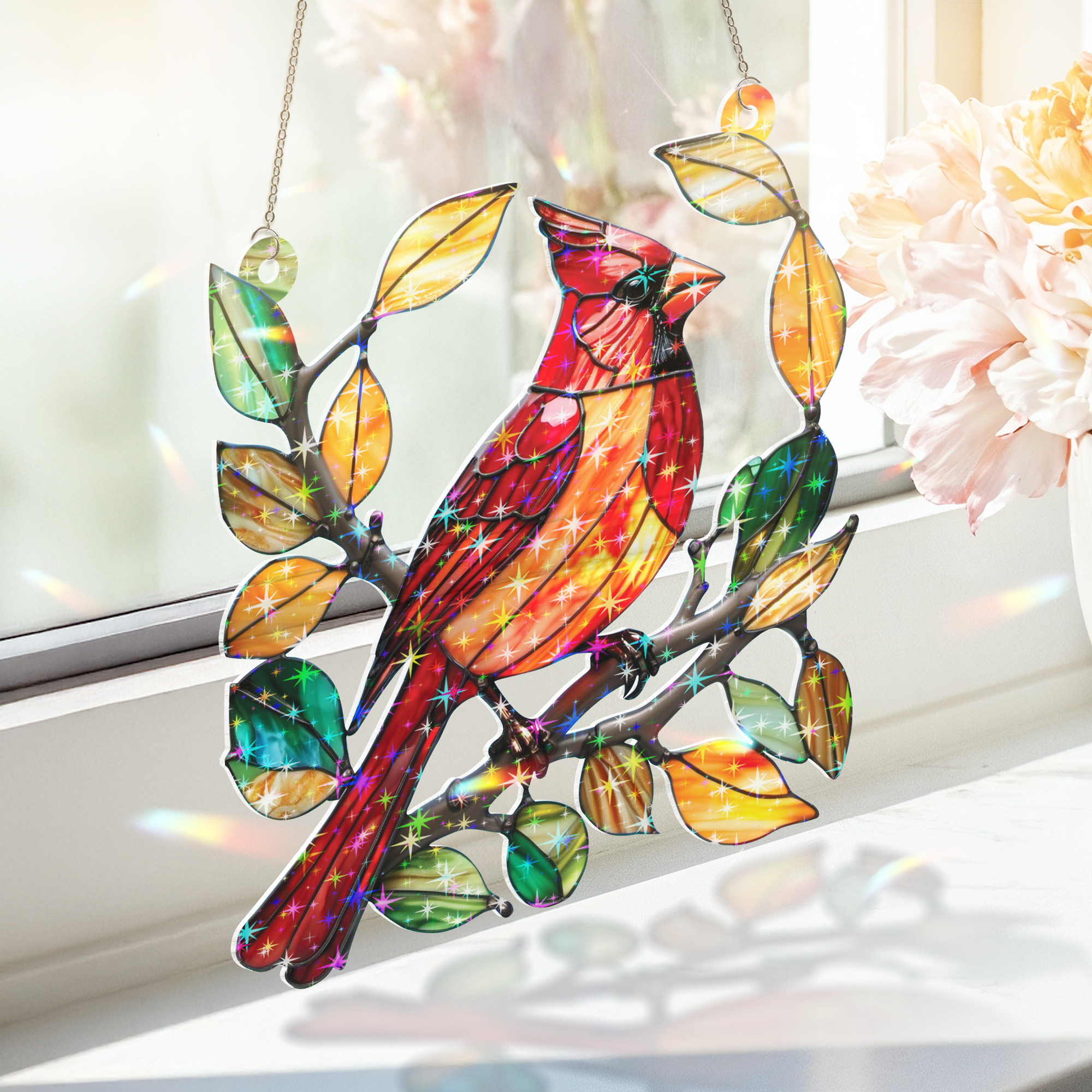 89Bloom Cardinal Stained Glass Hologram Ornament, Stained Glass Suncatcher Ornaments Home Decor, Holographic Ornaments