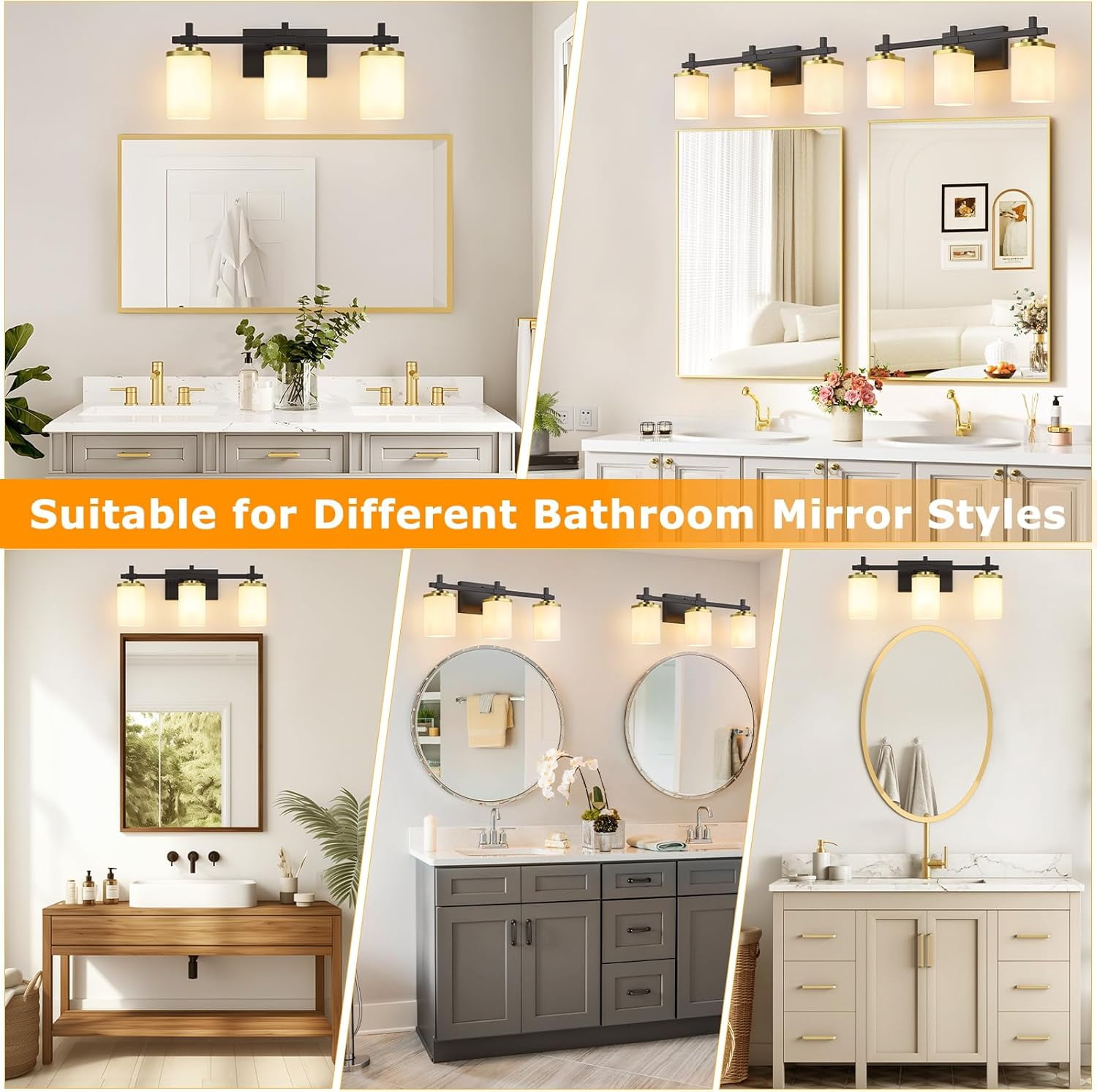 Bathroom Light Fixtures, 3-Light Coastal Vanity Lights with Milky White Frosted Glass Shade, Black Bathroom Wall Lamp for Mirror Kitchen Hallway Cabinet