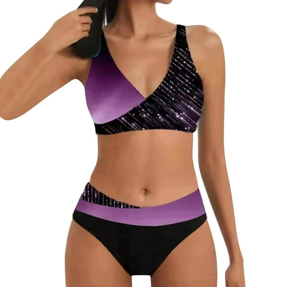 Sngxgn Bikini Set for Women Two Piece Swimsuits Cut Out High Waisted Scoop Neck V Cut Bottom(Purple,L)