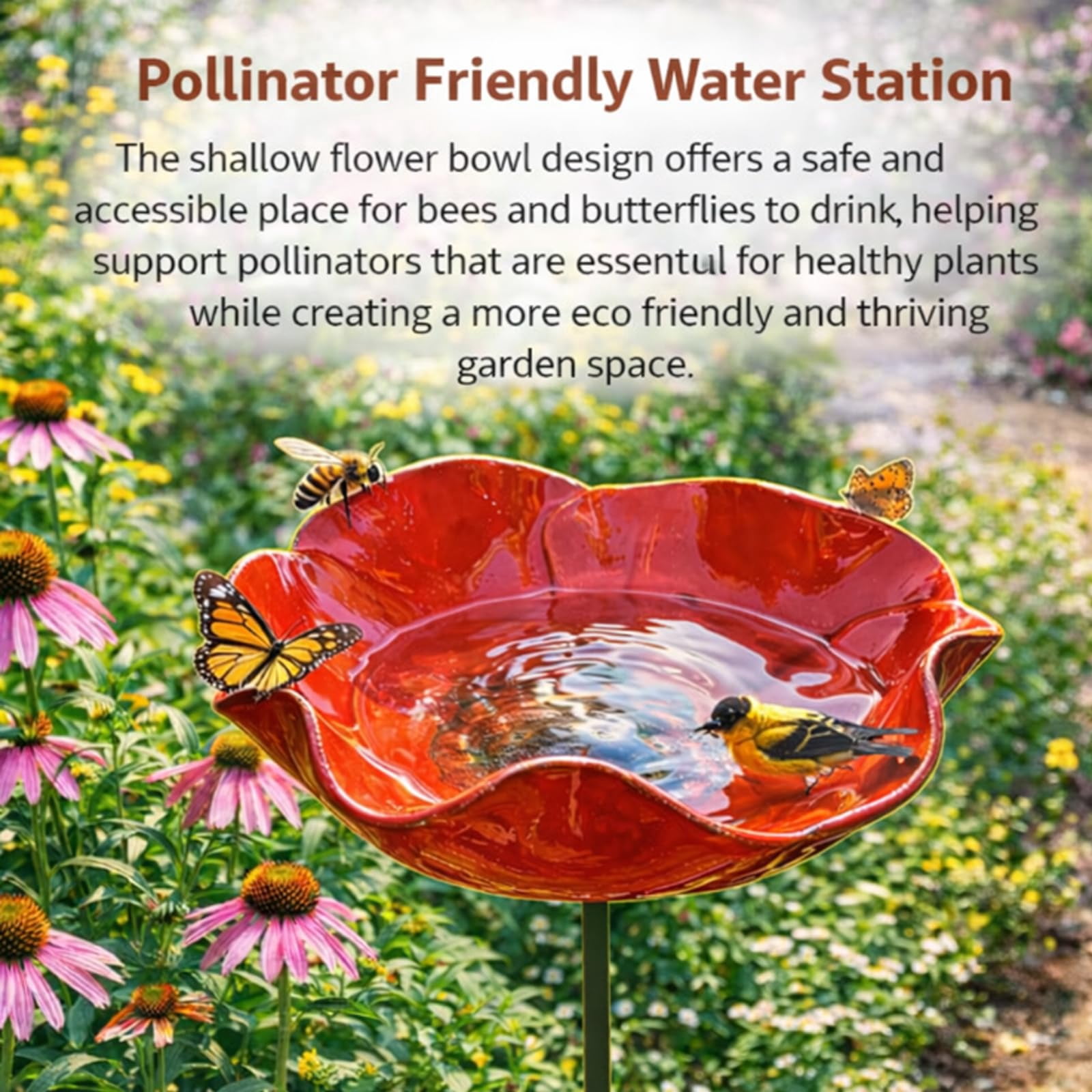 2026 New Metal Flower Garden Stakes Bird Bath,Upgraded Handmade Metal Flower Garden Stake with Bee Bath & Bird Water Bowl,Weather-Resistant Pollinator＆Mini Bird Bath