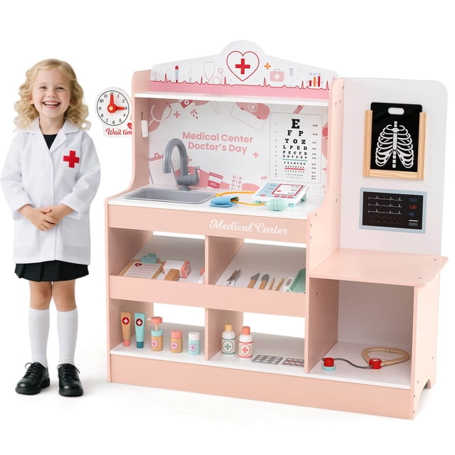 Honeyjoy Wooden Doctor Play Set with Clock Sink Eye Chart ECG Monitor Exam Area Storage