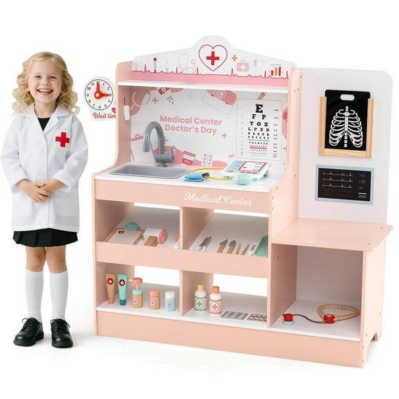 Honeyjoy Wooden Doctor Play Set with Clock Sink Eye Chart ECG Monitor Exam Area Storage