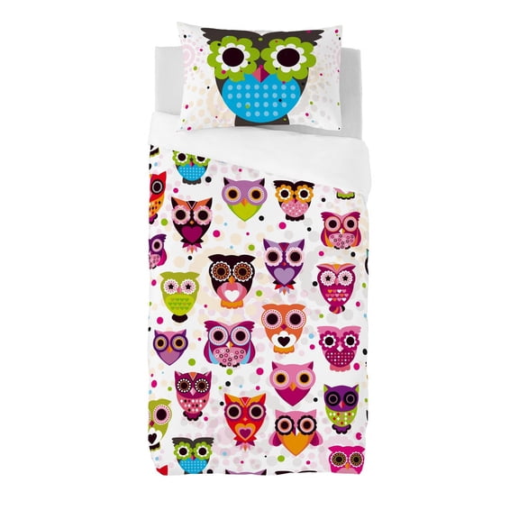 Ensemble de housse de couette Owlet de Gouchee Home – Literie pour enfants en coton certifié OEKO-TEX, 2 pièces, avec imprimé hibou coloré et ludique