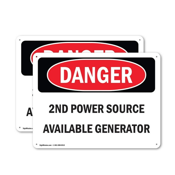 (2 Pack) 2nd Power Source Available Generator OSHA Danger Sign 10 Inch X 7 Inch Plastic Sign, Weather Resistant, UV Protected for Workplace, Business, and Construction Site, Made in the
