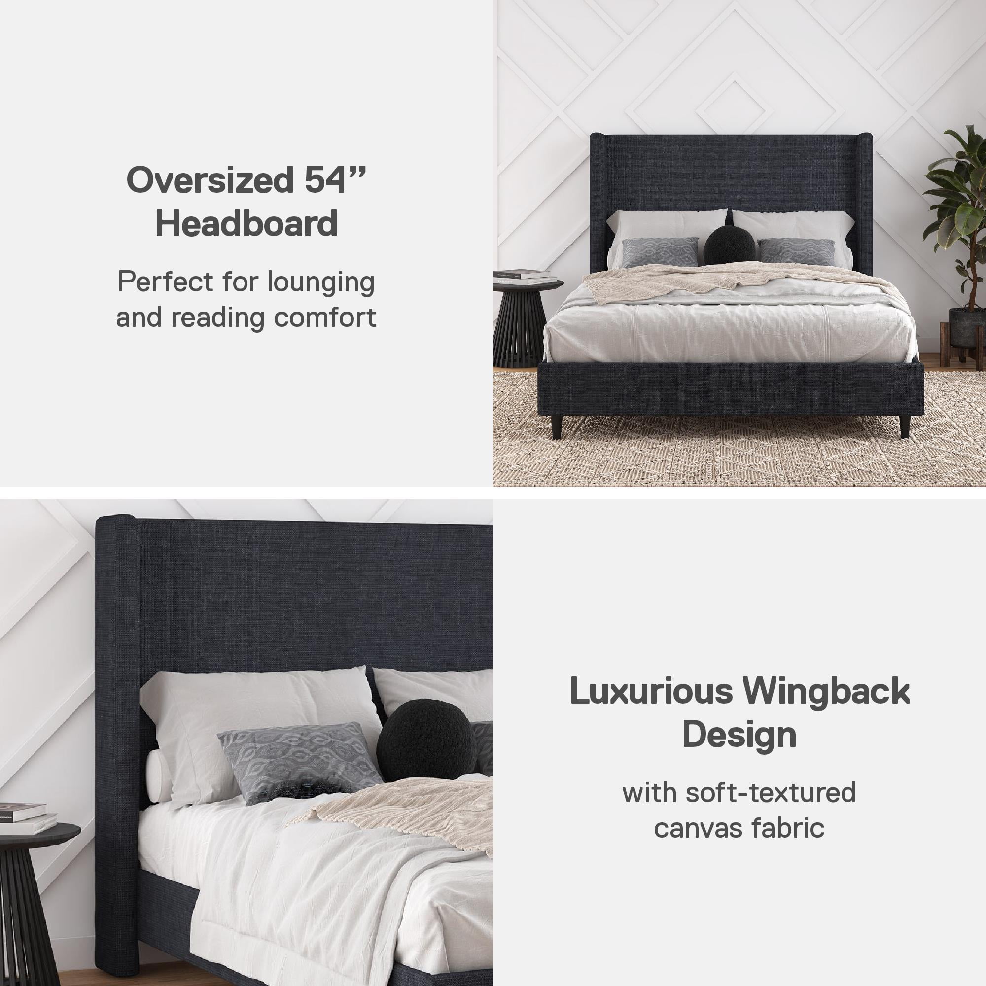 DHP Eveline Upholstered Platform Bed Frame with High Wingback Headboard, Queen, Textured Dark Blue Canvas