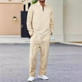 thumbnail image 3 of Men's Spring Fall 2-Piece Casual Set, Long Sleeve Striped Shirt and Half-Zip Square Neck Top with Drawstring Pants, Stylish Waffle Knit Outfit,Khaki,XL, 3 of 9