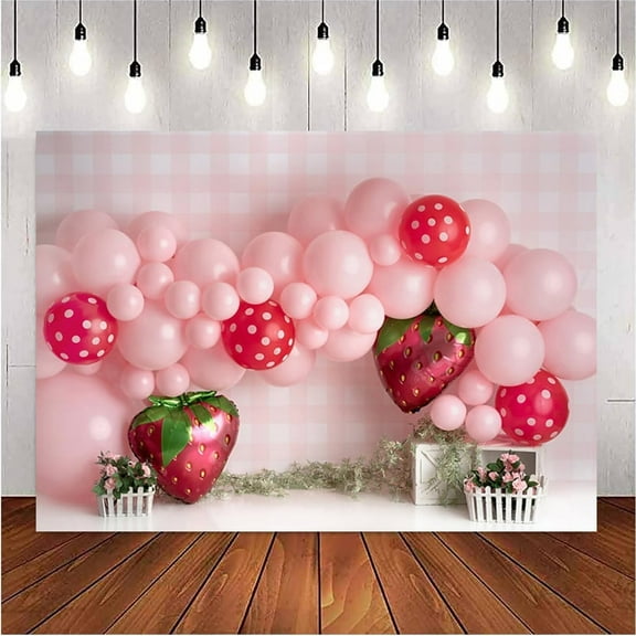 Pink Balloons Strawberry Photography Background Girls Birthday Party Decoration Sweet First Birthday Party Supplies Baby Shower Party Cake Smash Banner