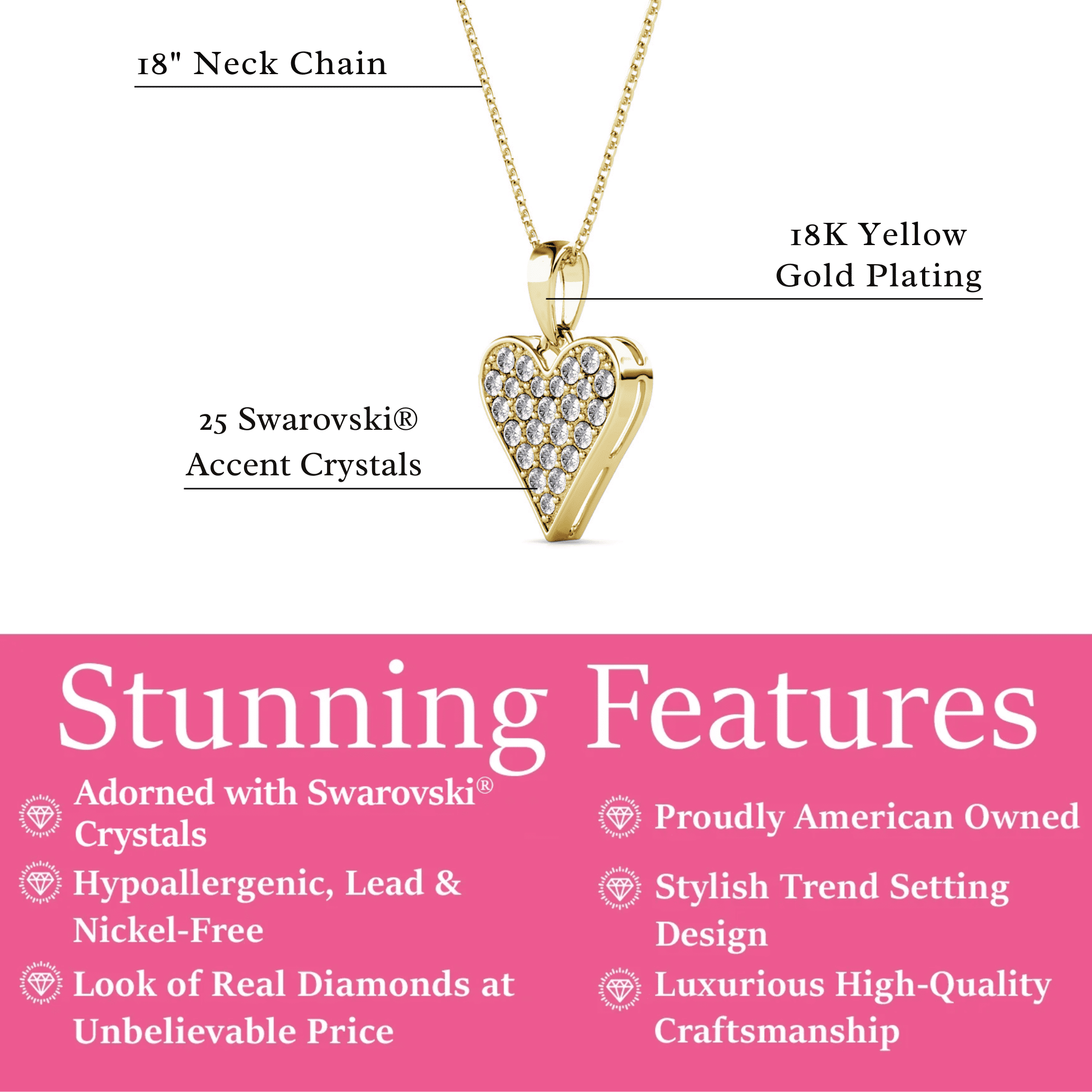 Cate & Chloe Cecilia 18k Yellow Gold Plated Heart Pendant Necklace with Swarovski Crystals for Women