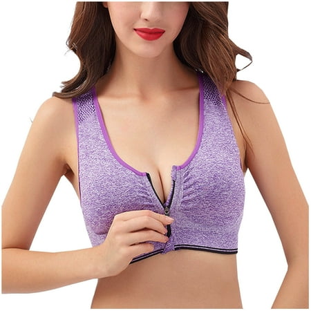 Nursing Sports Bra Women Zipper Shockproof Gathers No Underwire Running Bralettes Underwear Sports Bra V-Neck Lightly Lined Bra Feature Hook and Eye Closure Padded Bra Style Y-191   Purple L