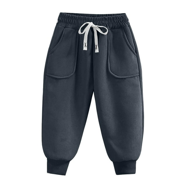 Children's Solid Elastic Waist Thick Leg Pants Pockets Medium Large Casual Trouser