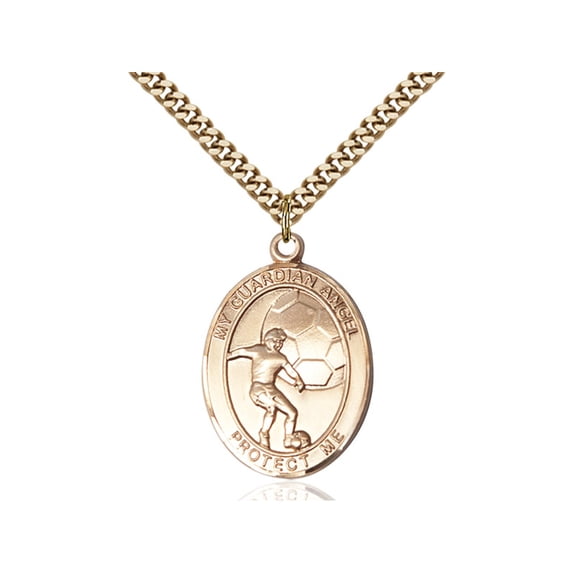 Gold Filled Guardian Angel/Soccer Pendant 1 x 3/4 inches with Heavy Curb Chain