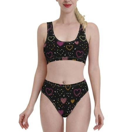 Bixox Heart and Stars Pattern Two-Piece Sports Bikini with U-Shaped Top and High-Waist Bottom - Women s Swimwear with Removable Bra Pads