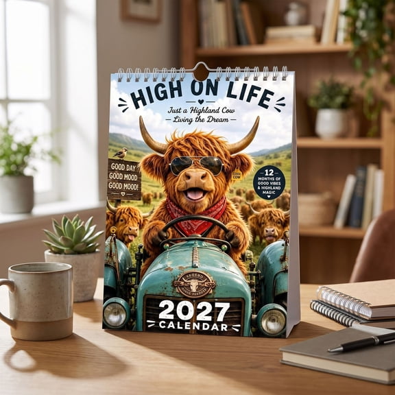 2027 Funny Highland Cow Wall Calendar, Fluffy Scottish Highland Cattle Hanging Planner, Rustic Farmhouse Country Decor, Home Kitchen Office Gift